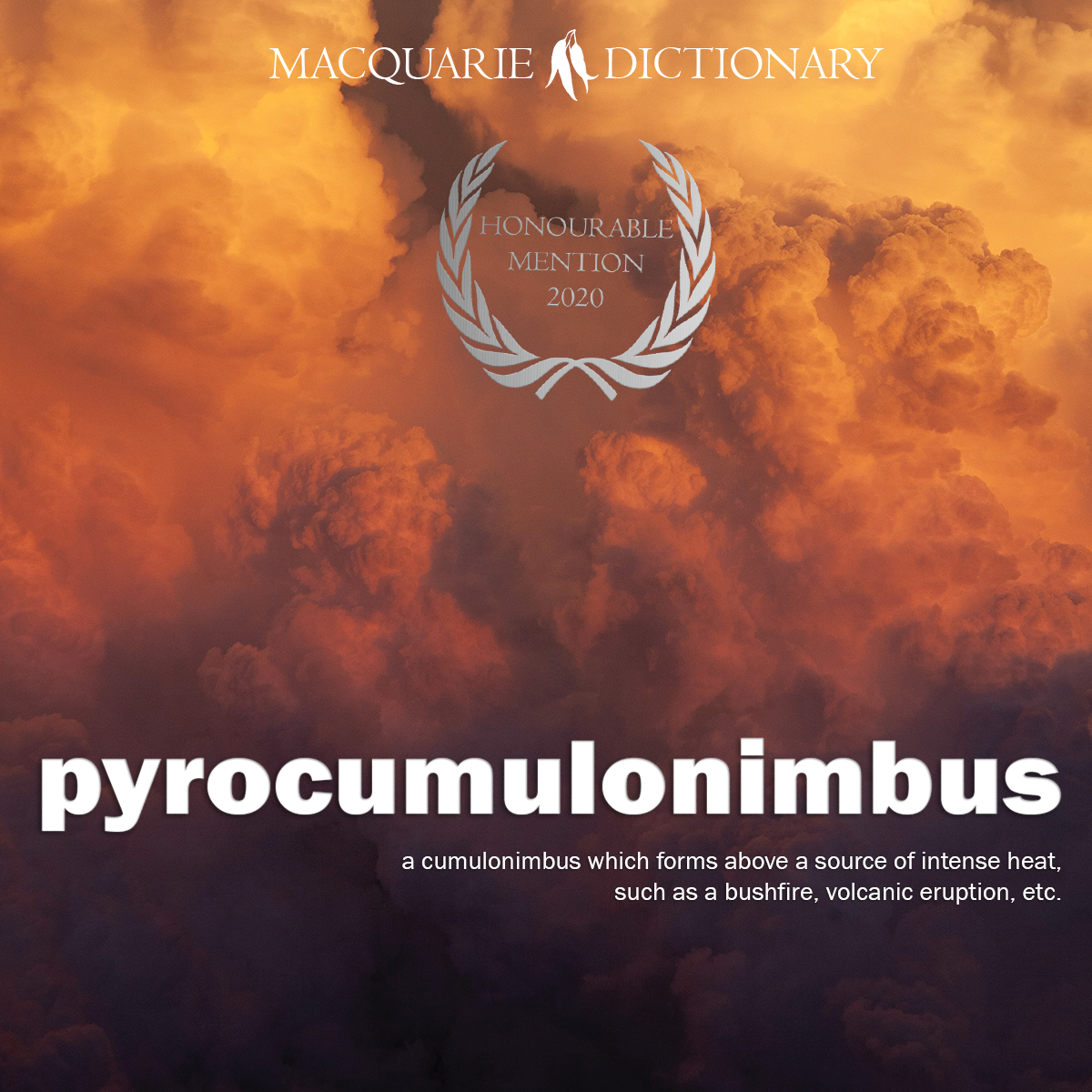 pyrocumulonimbus - a cumulonimbus which forms above a source of intense heat, such as a bushfire, volcanic eruption, etc. pyrocumulonimbus - a cumulonimbus which forms above a source of intense heat, such as a bushfire, volcanic eruption, etc.