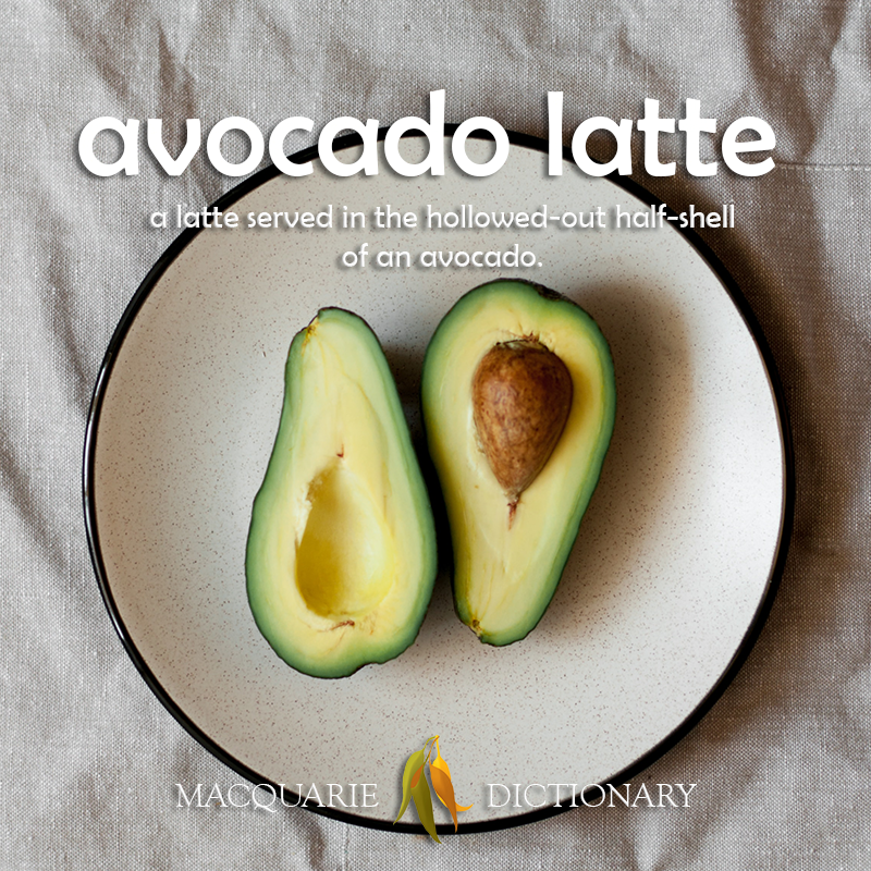 New words square - avocado latte - a latte served in the hollowed-out half-shell of an avocado