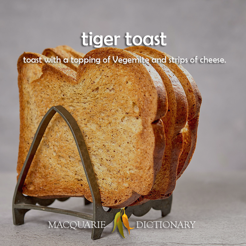 tiger toast	toast with a topping of Vegemite and strips of cheese.
